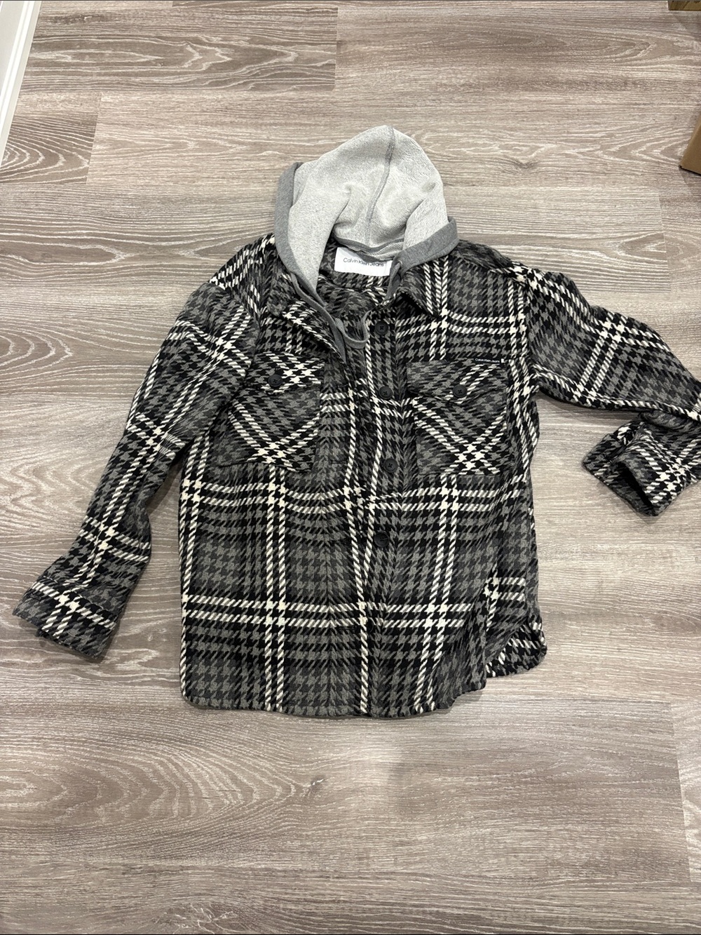 Calvin Klein Black & White Plaid Button-Down Shirt Jacket with Gray Hood